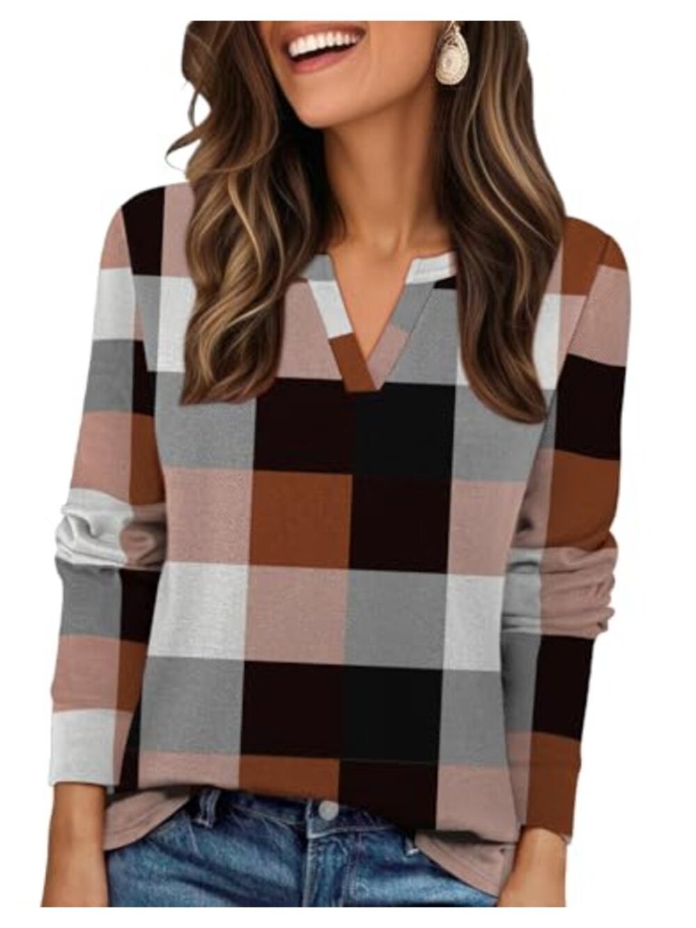 Womens Fleece V-Neck Plaid Tunic Sweatshirt Long Sleeve Pullover Top